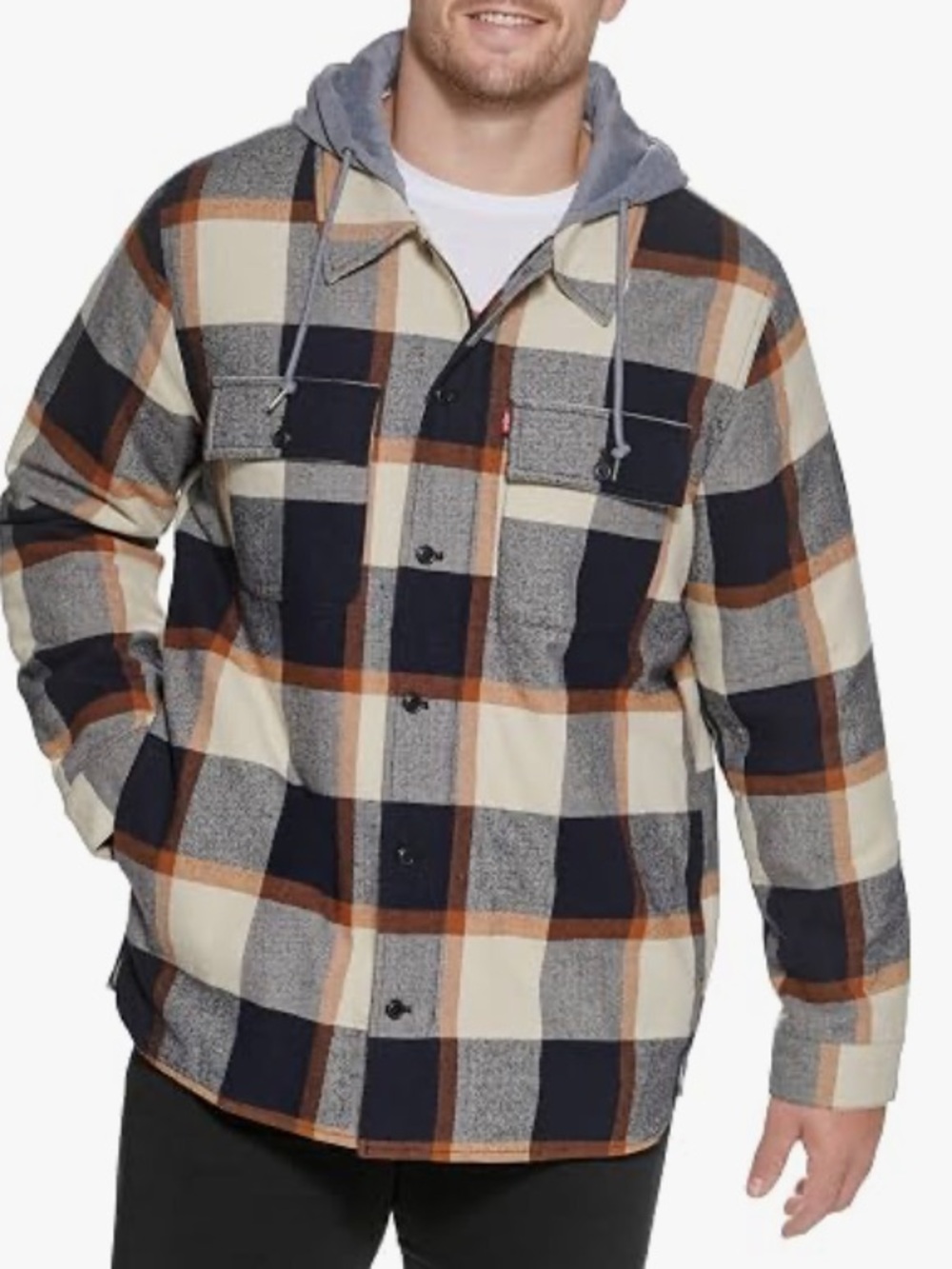 Levi's Men's Plaid Sherpa Lined Hooded Shirt Jacket - Navy, Cream, Tan